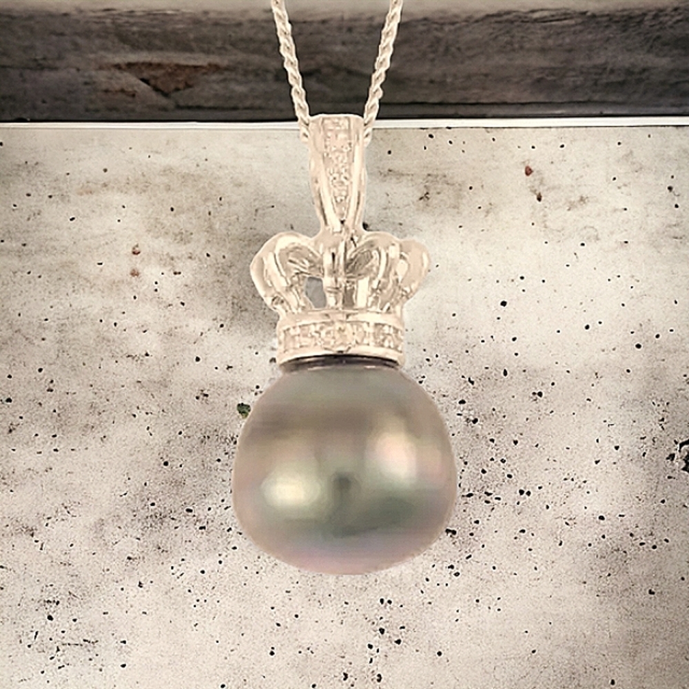 🔥11-12 mm Tahitian Pearl & White Zircon Crown Pendant in Rhodium over Sterling